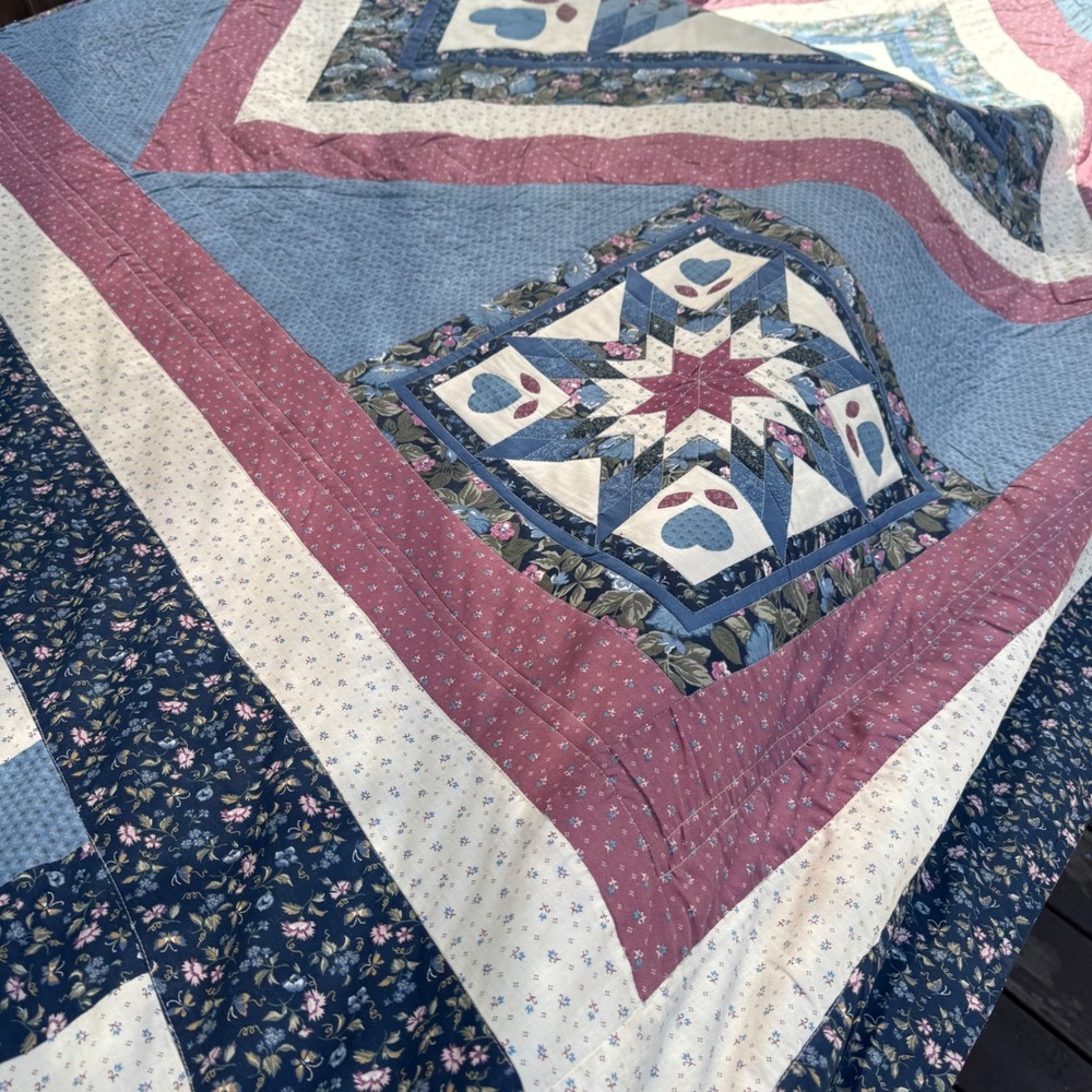 Handmade Vintage Quilt Queen Blue Red Lone Star Heart Floral Patchwork 82x102" - Picture 13 of 16
